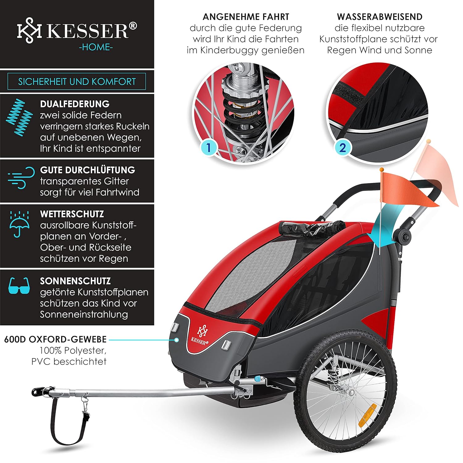 KESSER® Fietsaanhanger met vering - Max. 40kg - Rood