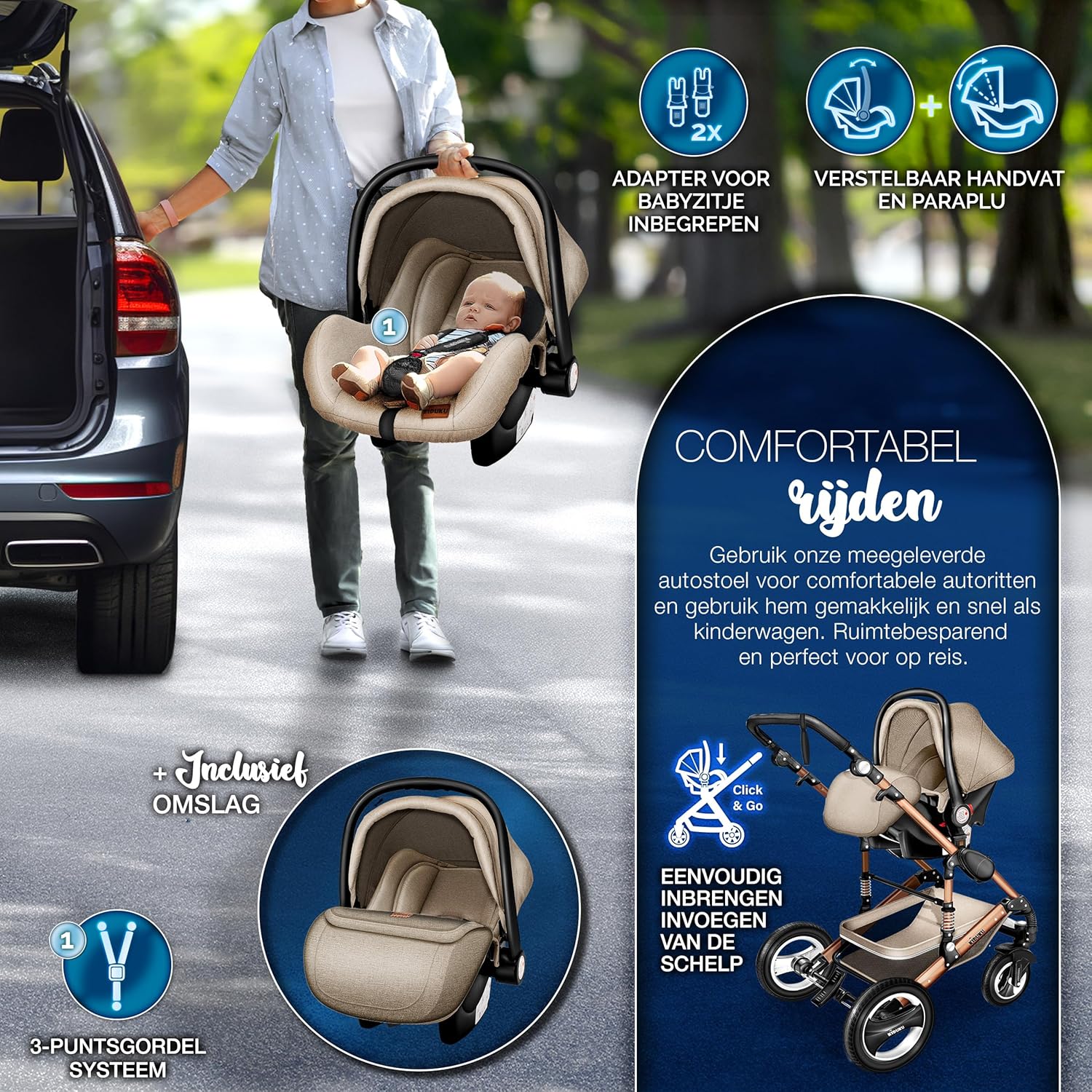 Kinderwagen 3 in 1 - Buggy - Wandelwagen - Kinderbuggy - Beige - KIDUKU®