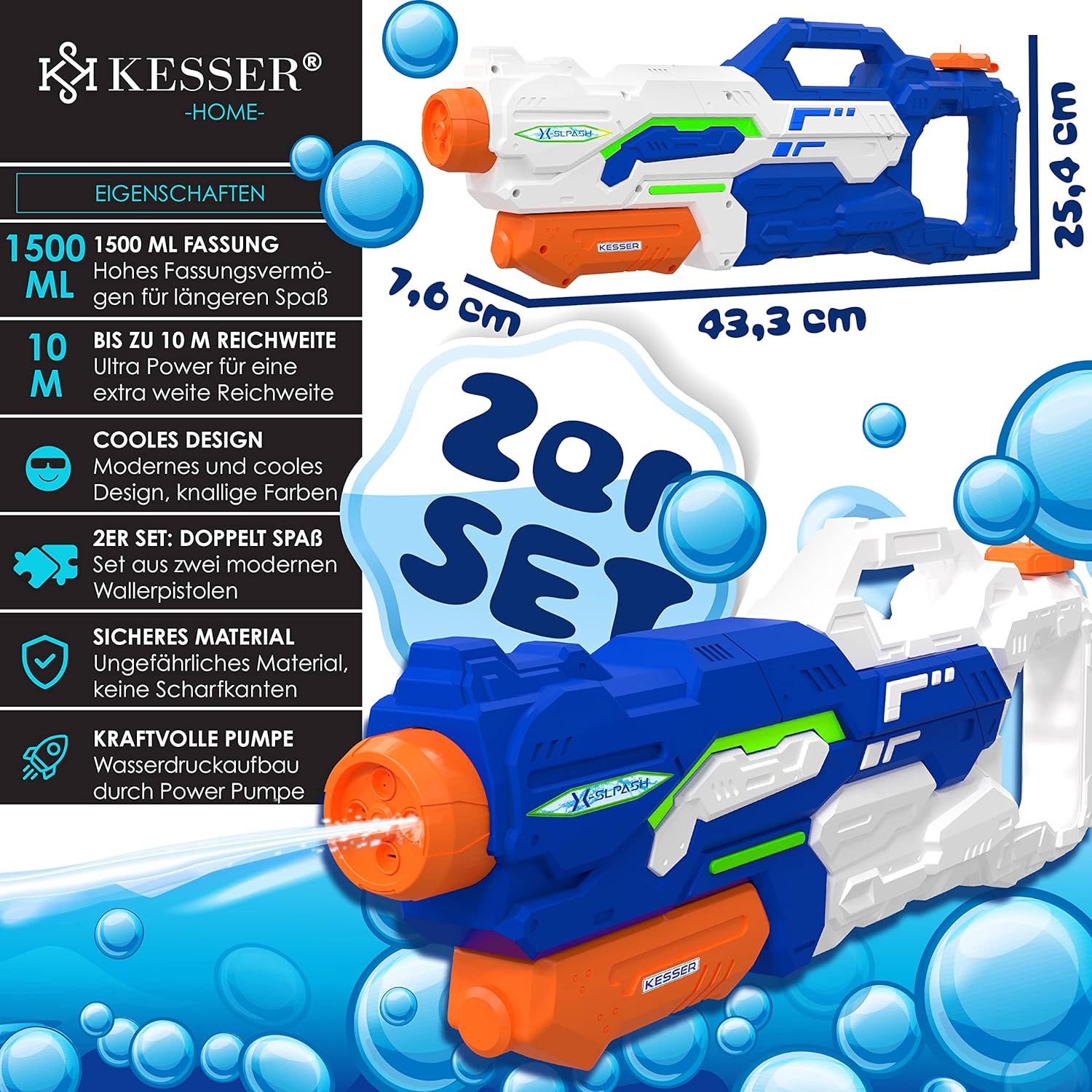 KESSER® Waterpistool - Set van 2 - Bereik 10-11 meter - Blauw