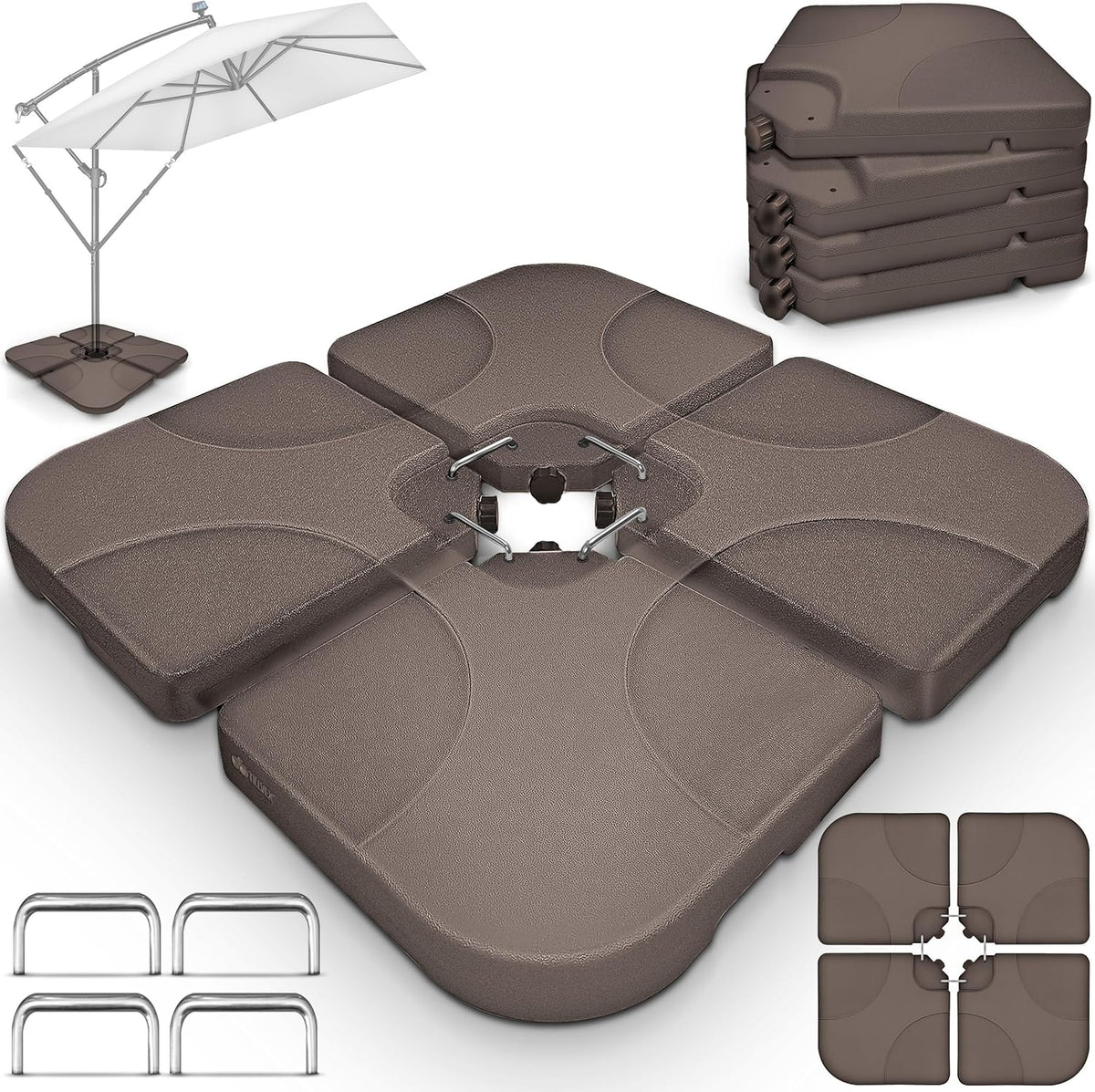 tillvex® Parasolstandaard 60 liter / 80 kg – 4-delig voor zweefparasol incl. metalen connector | parasolgewicht kan worden gevuld met water of zand | parasolstandaard zweefparasolstandaard, bruin