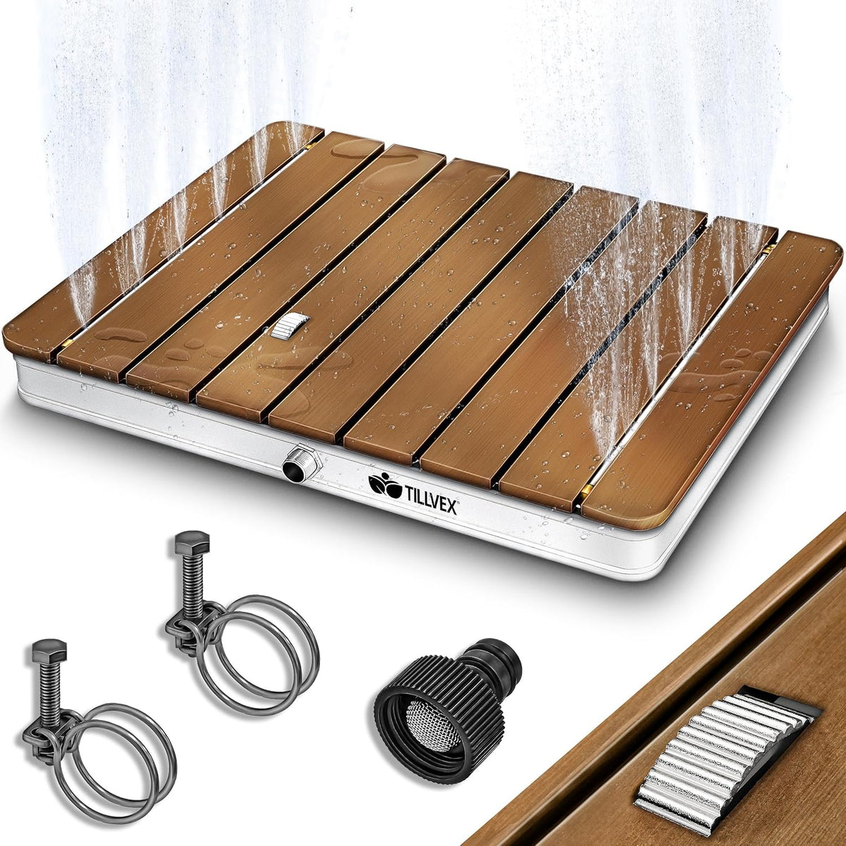 tillvex® Tuindouche outdoor tot 4 m fonteinhoogte | bodemdouche rechthoekig met voetwiel | buitendouche antislip | saunadouche weerbestendig | campingdouche van aluminium/WPC/houtlook