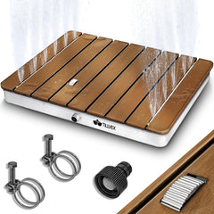 tillvex® Tuindouche outdoor tot 4 m fonteinhoogte | bodemdouche rechthoekig met voetwiel | buitendouche antislip | saunadouche weerbestendig | campingdouche van aluminium/WPC/houtlook