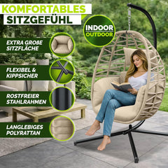 tillvex® Hangstoel met frame, outdoor en weerbestendige afdekking incl. bevestiging, hangmand inklapbaar tot 150 kg, hangstoel van rotan, hangstoel voor binnen, tuin, balkon, terras (taupe)