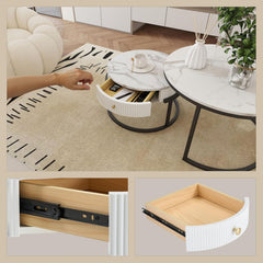 Amveya Salontafel rond met opbergruimte, salontafel set van 2, bijzettafels voor woonkamer, woonkamer tafel in marmerlook, Zwart