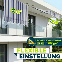 tillvex Klemluifel met handslinger, voor balkon, balkonluifel zonder boren, luifel uv-bestendig en in hoogte verstelbaar, zonwering, terras en tuin, waterdicht (blauw-grijs, 350 cm)