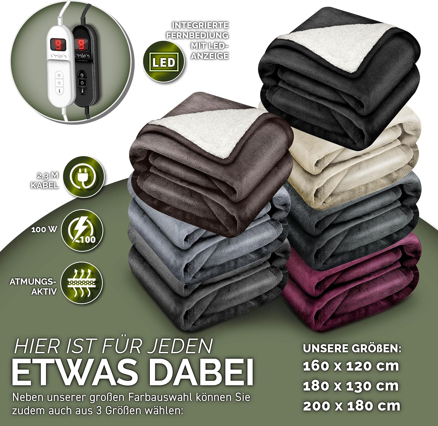 sinnlein® Elektrische deken met automatische uitschakeling, 180 x 130 cm, elektrische warmtedeken met 9 temperatuurniveaus, knuffeldeken, wasbaar, bed, bank, elektrische deken, beige