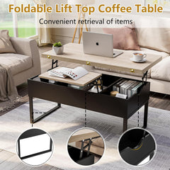 MSFE 4-in-1 salontafel met opbergruimte, salontafel met opklapbaar bovenblad, uitschuifbaar bureaublad tot 100 * 100 cm voor 4-6 personen voor eettafel, uitschuifbaar in hoogte verstelbaar salontafelblad met 2 grote en 1 kleine tafelblad