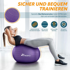 Tresko Gymnastiekbal met gratis oefenposter, inclusief luchtpomp, BPA-vrij, 85 cm, zitbal, yogabal, ontploft niet (belastbaarheid 300 kg), voor fitness, yoga, Pilates, paars