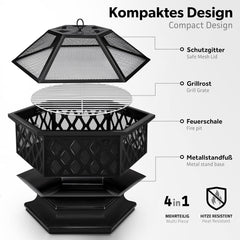 tillvex Vuurschaal met vonkbescherming en grillrooster, outdoor vuurplaats voor de tuin, 4-in-1 BBQ grill met afdekking, pookhaak, tang en kolenrooster, zwart (zeskant)