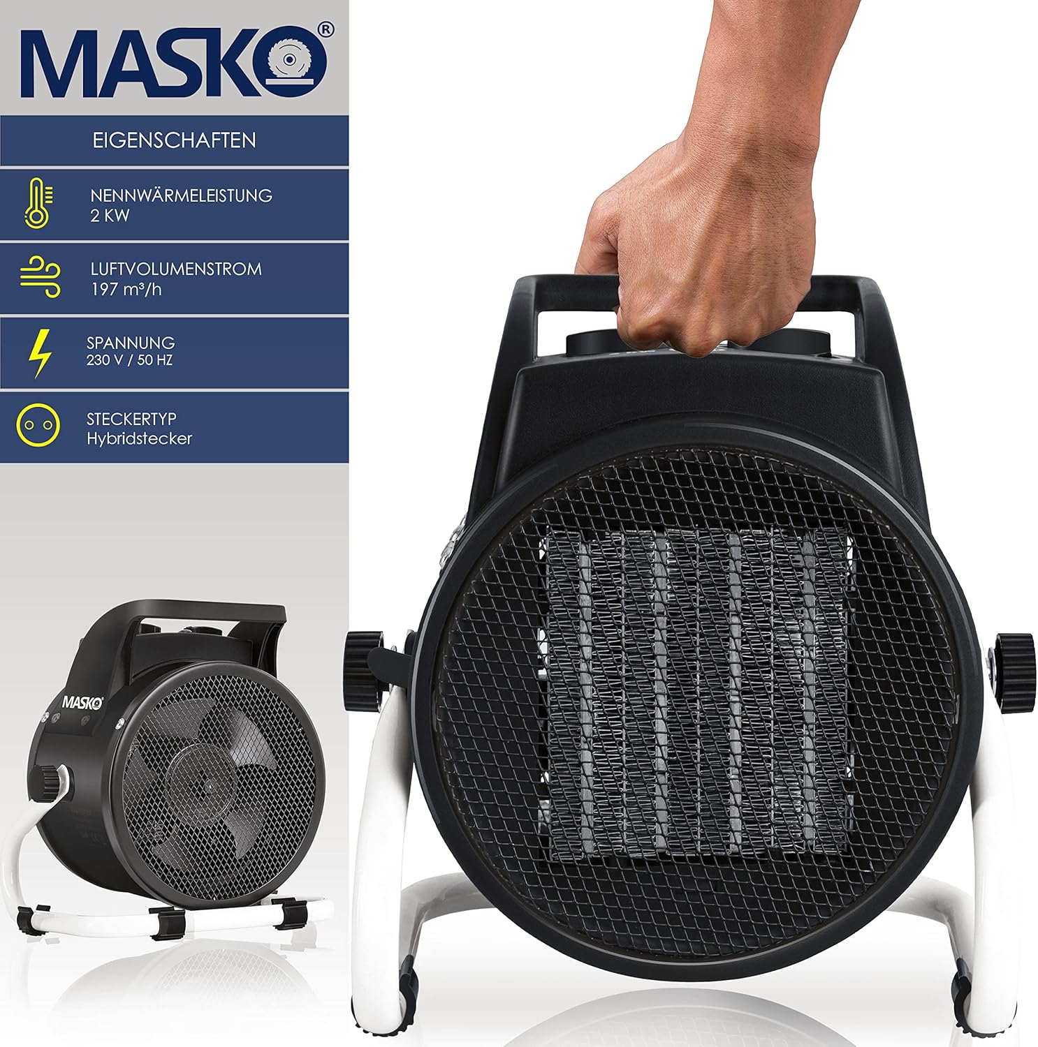 MASKO® Elektrische verwarming, ventilatorkachel, bouwverwarming, keramische warmtestraler, elektrische verwarming met thermostaat, elektrische verwarming met 3 warmtestanden, verwarmingsventilator