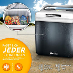 tillvex Koelbox, elektrisch, 32 liter, mini-koelkast 230 V en 12 V, voor auto, camping, koelt en verwarmt, eco-modus, grijs
