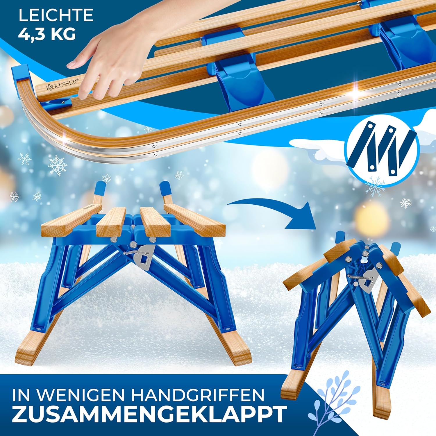 KESSER® Houten slee, premium kinderslee, opvouwbare kinderslee van beukenhout, incl. trekkoord, glijders, metalen glijders
