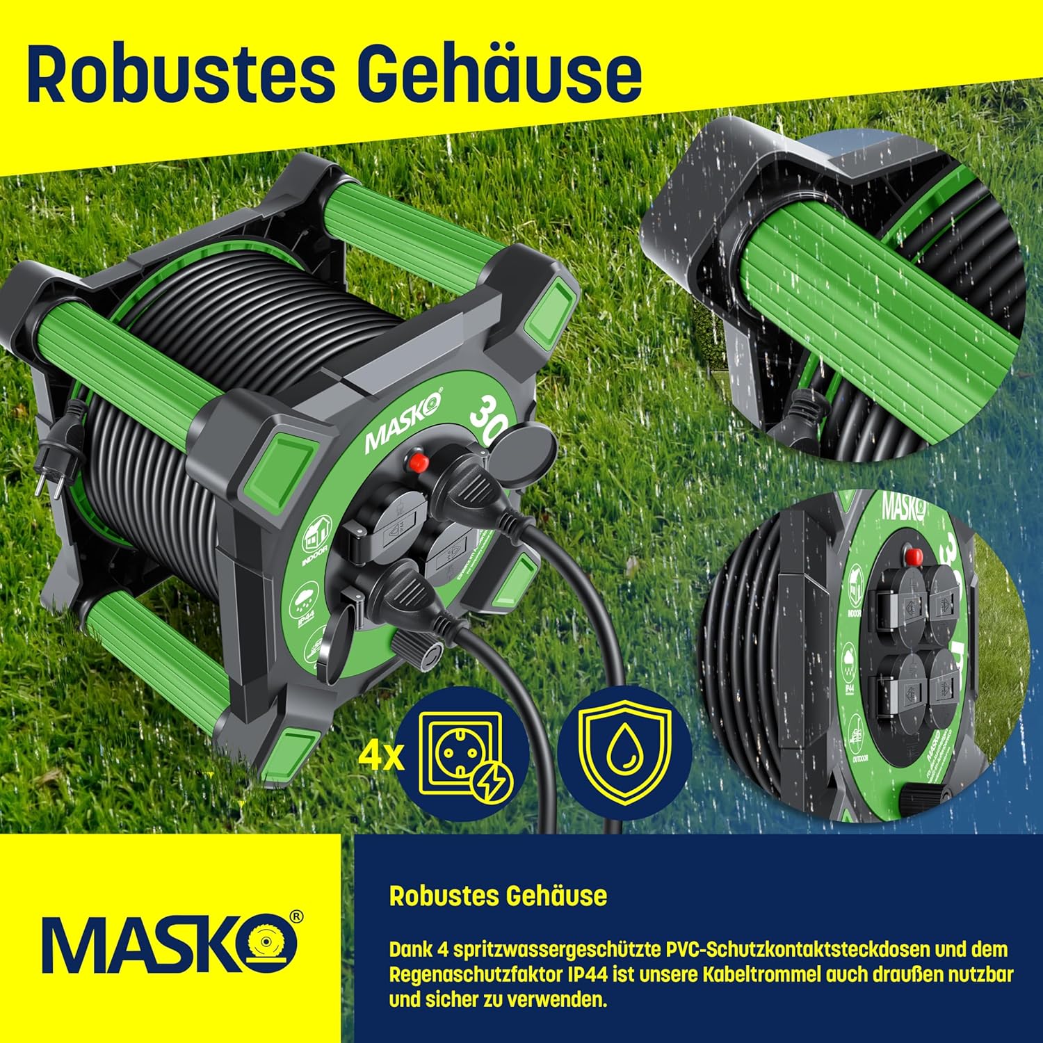 Masko® Kabelhaspel 20 m, verlengkabel met geaarde stopcontacten en wikkelgreep, outdoor kabelhaspel thermobescherming, apparaattrommel IP44, 1000 W ~ 3000 W, inclusief draaggreep en