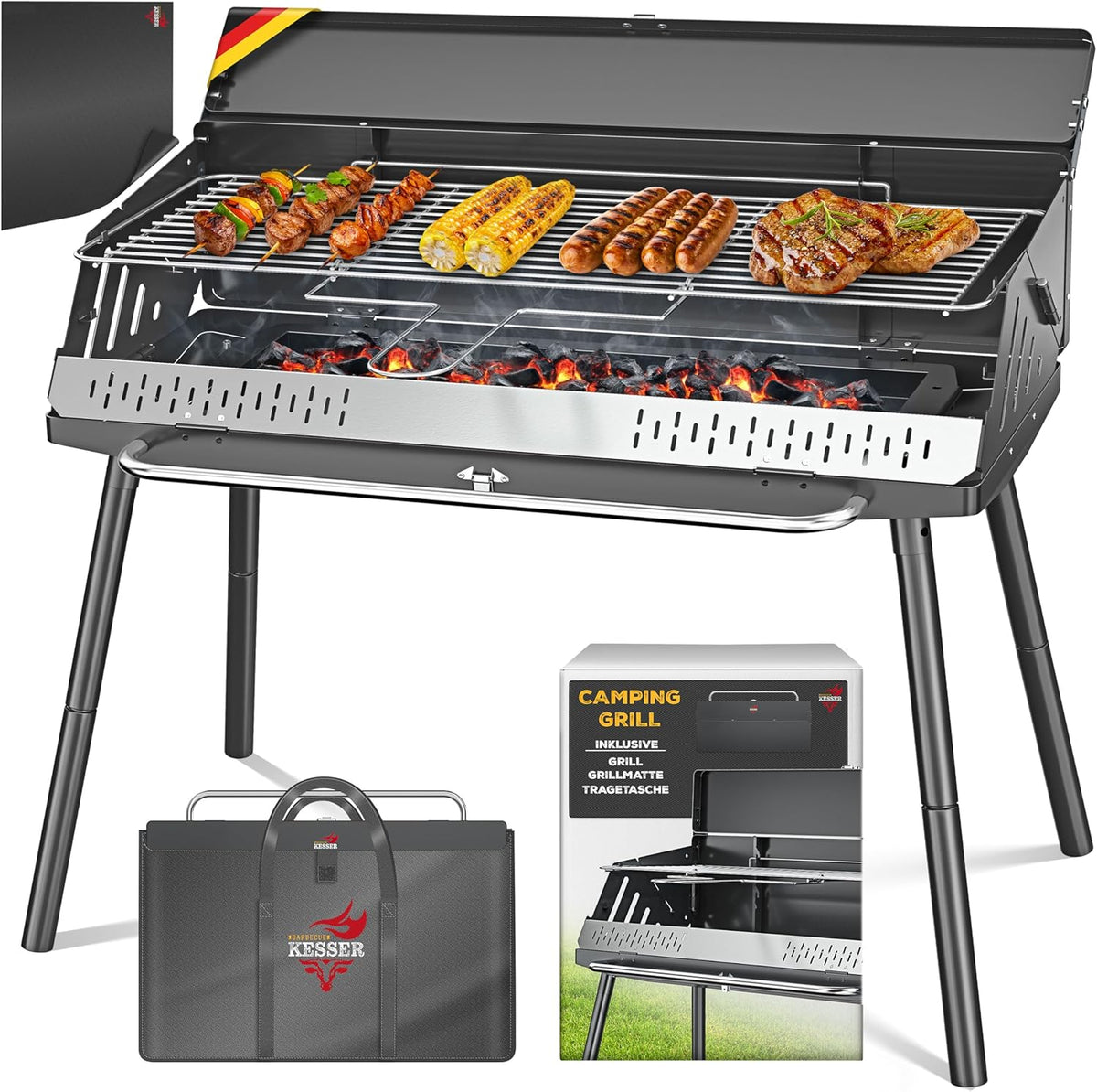 KESSER® Klapgrill, draagbare campinggrill met frame, houtskoolgrill van gepoedercoat staal, inclusief grillrooster, grillmat en draagtas, opvouwbaar, ideaal voor camping, picknick en vissen