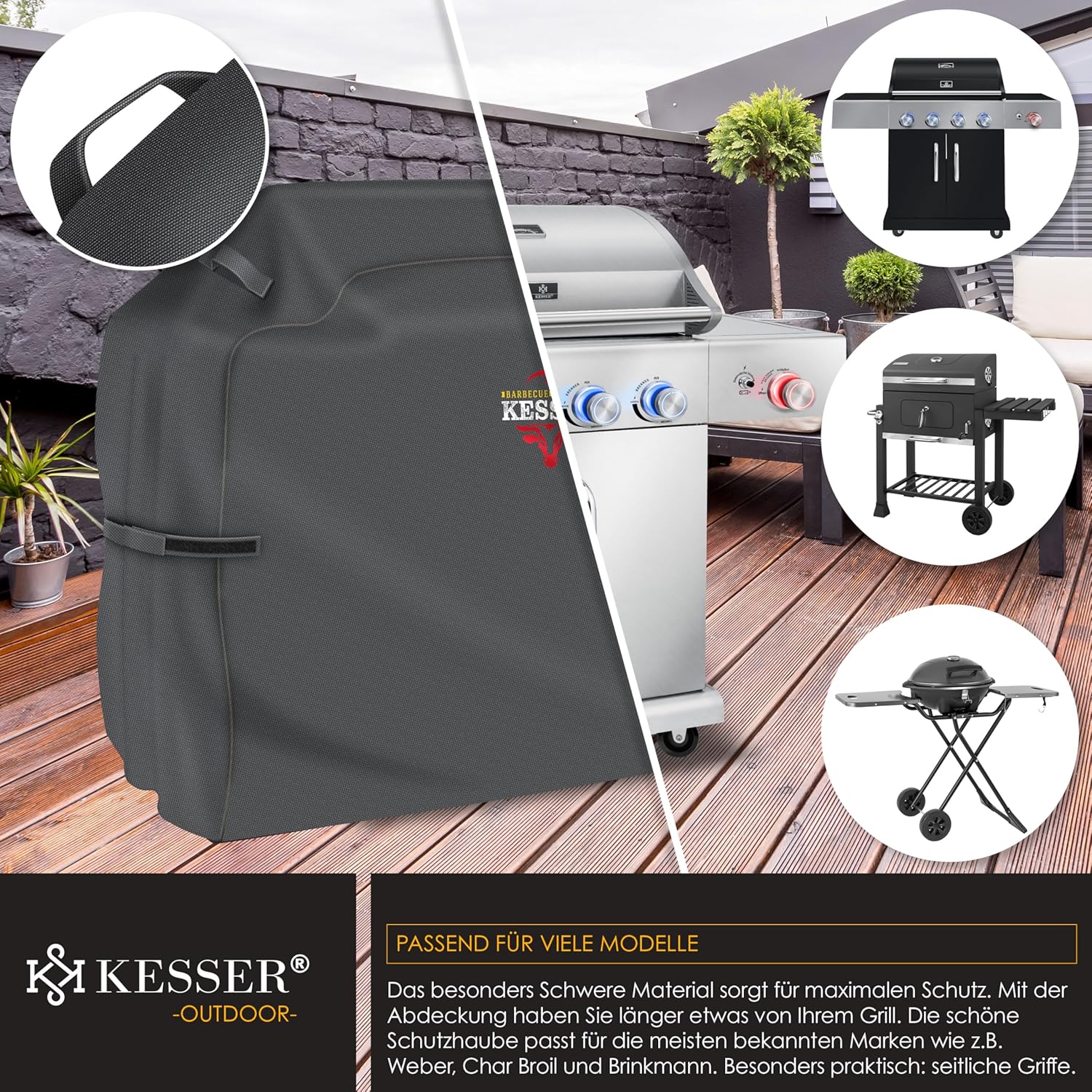 KESSER® Premium BBQ-grillhoes, gasgrill, grillkaphoes, weerbestendig, voor Weber, Brinkmann, Char-Broil, afdekhoes, beschermhoes, 600D Oxford-stof, scheurbestendig, 132 x 66 x 109 cm, antraciet