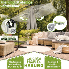 tillvex Rechthoekige aluminium parasol, diameter 330 cm + afdekking met zwengel, zweefparasol, aluminium, rechthoekig met standaard en windbescherming, tuinscherm, uv-bescherming, waterdicht, 360°, taupe •