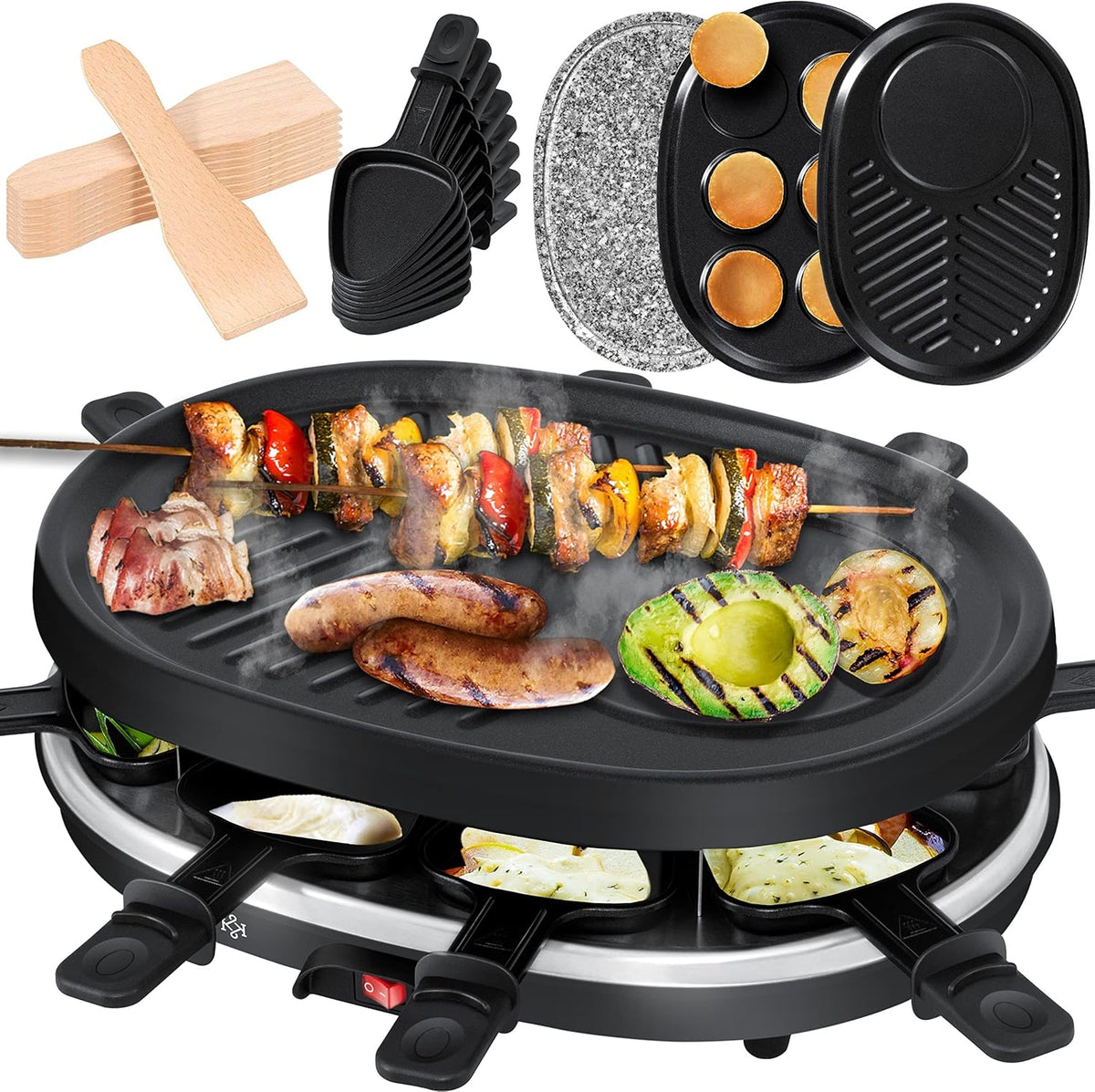 KESSER® 3-in-1 raclette-grill met natuurgrillsteen, grillplaat en pannenkoeken, tafelgrill voor 8 personen, elektrische grill met antiaanbaklaag, 8 pannen en houten spatels