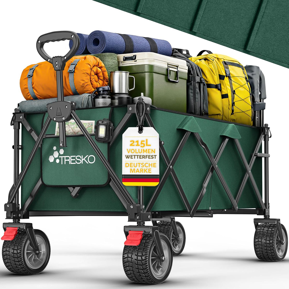 TRESKO® Bolderkar, opvouwbaar, 215 l, met rem, inklapbaar, 150 kg, incl. massief rubberen banden, opvouwbare strandwagen, extra brede all-terrain wielen, transportwagen met draagtas (groen)
