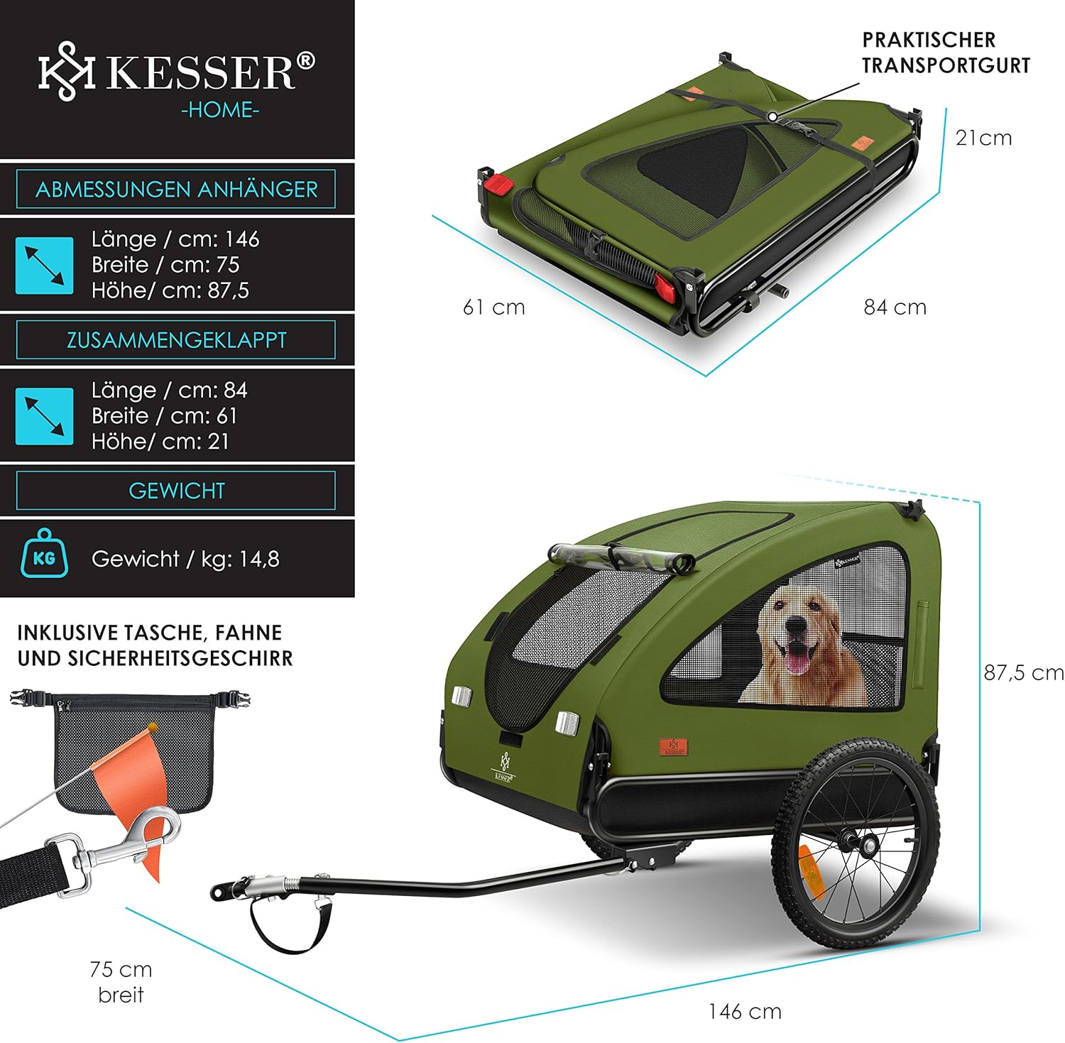 KESSER® Hundeanhänger Boxer 2-in-1 Hundebuggy Fahrradanhänger groß ca. 250L Volumen - Inkl. Fahne und Tasche - 600D Oxford Canvas, Klappbar SmartSpace Concept, max. 45kg