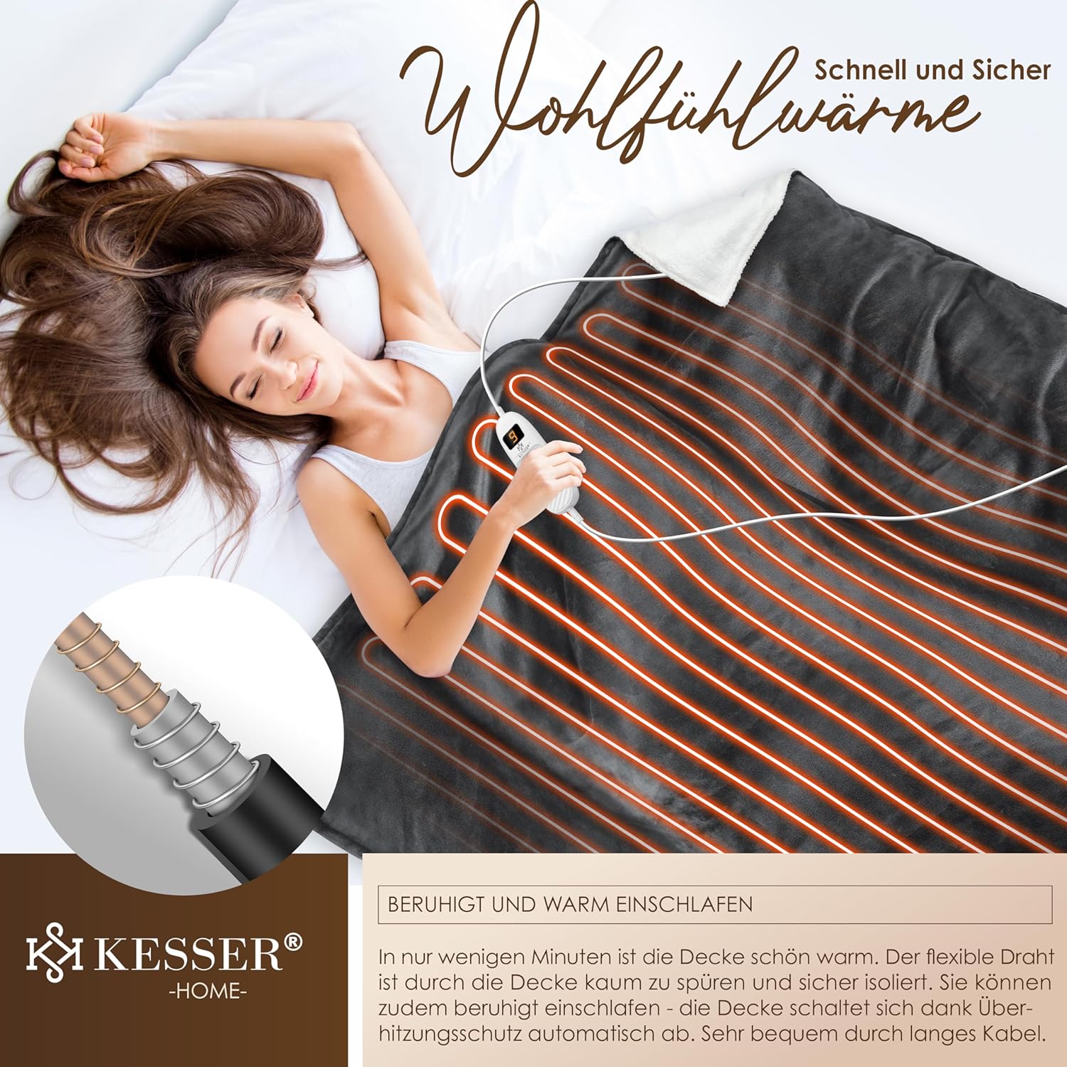 KESSER® Elektrische deken met automatische uitschakeling, 160 x 120 cm, dubbelzijdig elektrische warmtedeken, knuffeldeken, bed, bank, 9 temperatuurniveaus, wasbaar tot 40 °C, met timer, digitaal