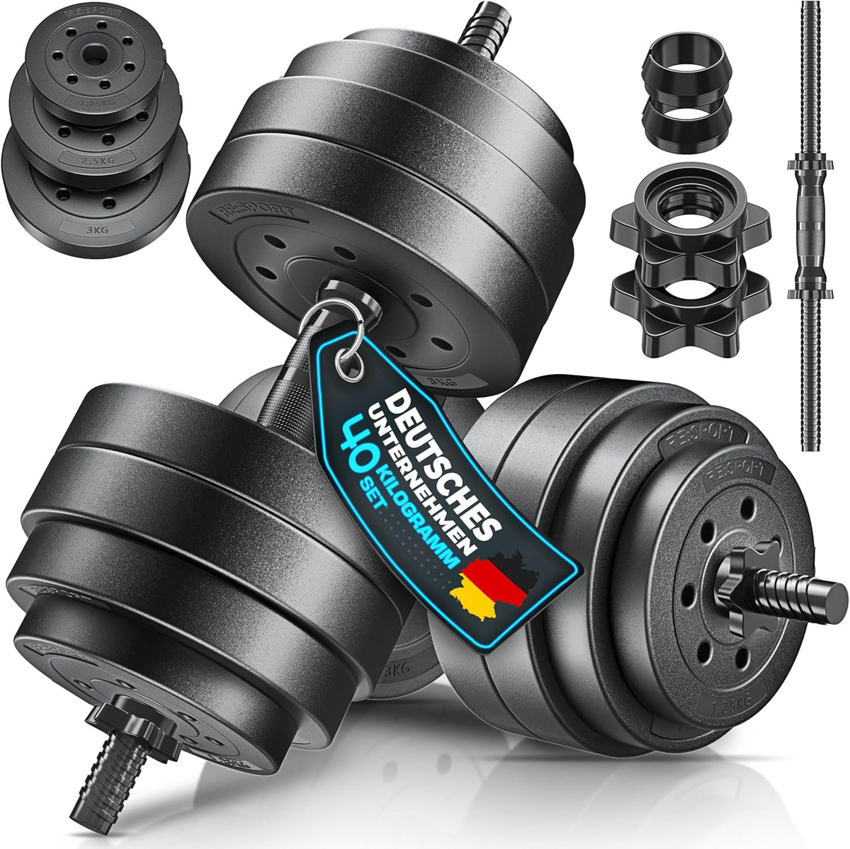 Dumbells set - Gewichten set - Halterset - Verstelbaar - 40 kg - Zwart - RE:SPORT