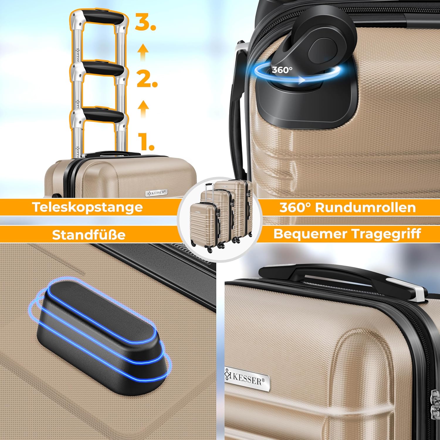 Kofferset - 3 delig - Trolley - Reiskofferset - Beige - KESSER®