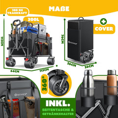 KESSER® Bolderkar, GTR9000, handwagen, 200 kg, 300 liter opbergruimte, transportwagen, opvouwbaar, extra brede 360° wielen en parkeerremmen, weerbestendig, strandwagen, incl. afdekking, zijzak en