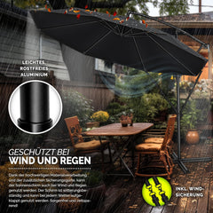 tillvex Aluminium parasol + afdekking Ø 300 cm met zwengel, zweefparasol met standaard en windscherm, tuinparasol, uv-bescherming aluminium, zwengelparasol, waterdicht, 360 graden draaibaar, antraciet