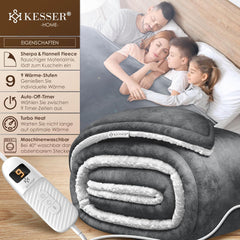 KESSER® Elektrische deken met automatische uitschakeling, 160 x 120 cm, dubbelzijdig elektrische warmtedeken, knuffeldeken, bed, bank, 9 temperatuurniveaus, wasbaar tot 40 °C, met timer, digitaal