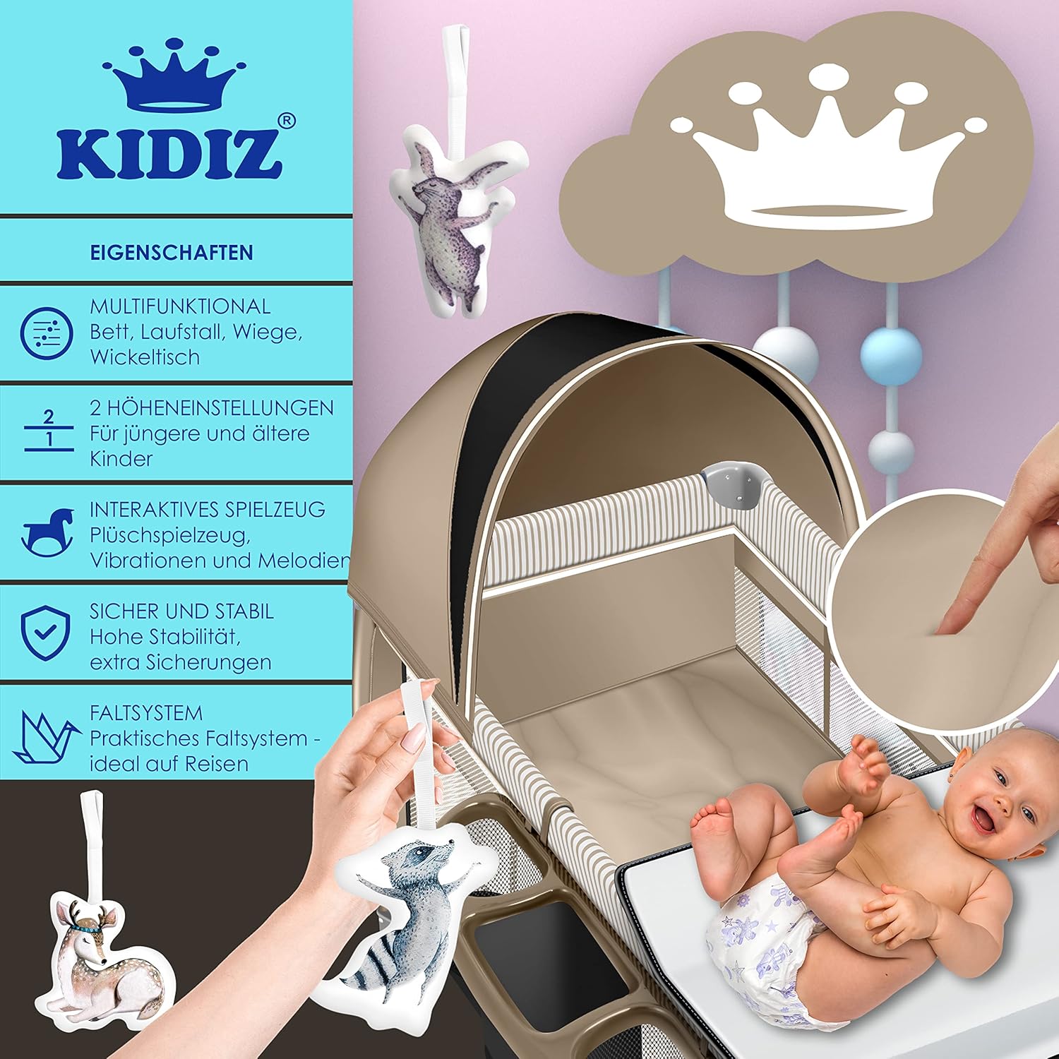 KIDIZ® 3in1 Babybedje - Campingbedje - Ledikant  - Beige
