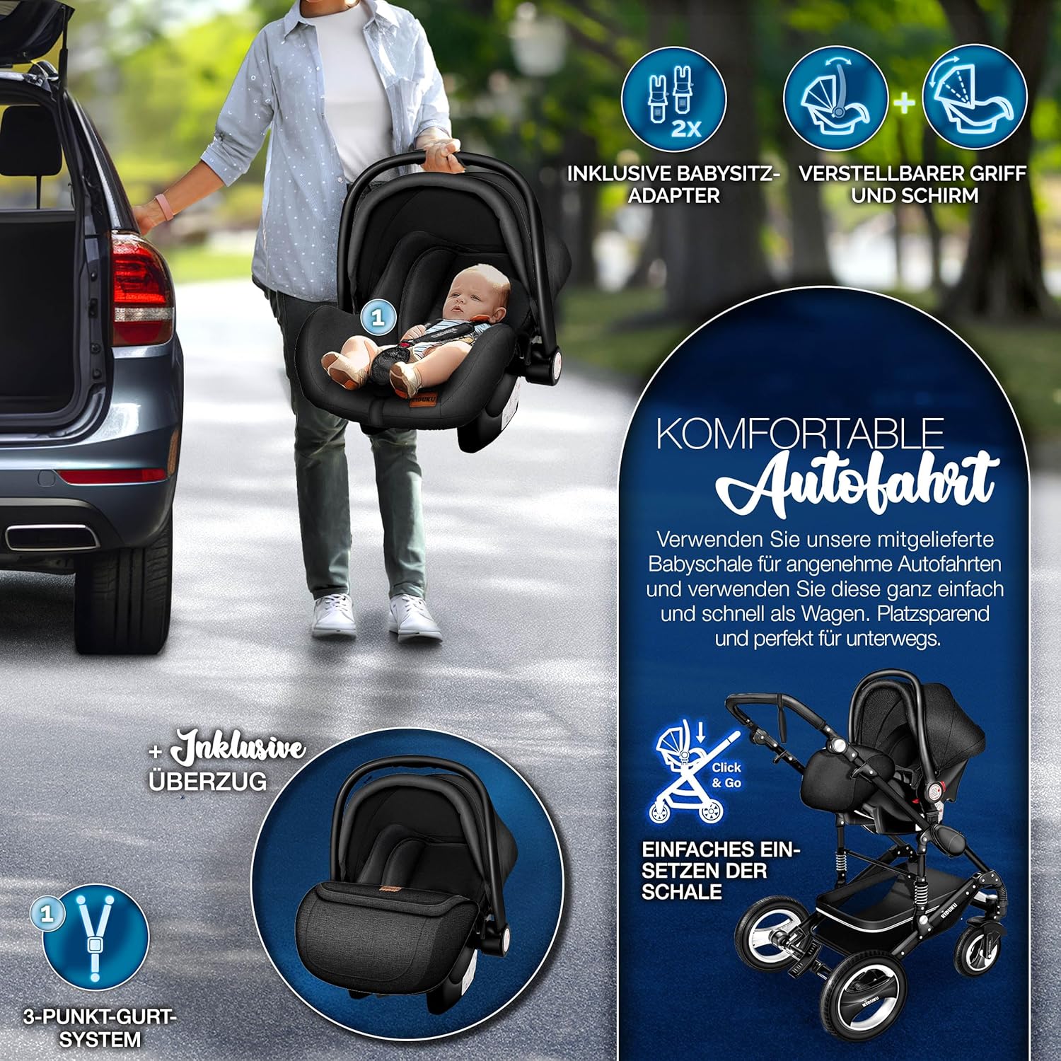 Kinderwagen 3 in 1 - Buggy - Wandelwagen - Kinderbuggy - Zwart - KIDUKU®