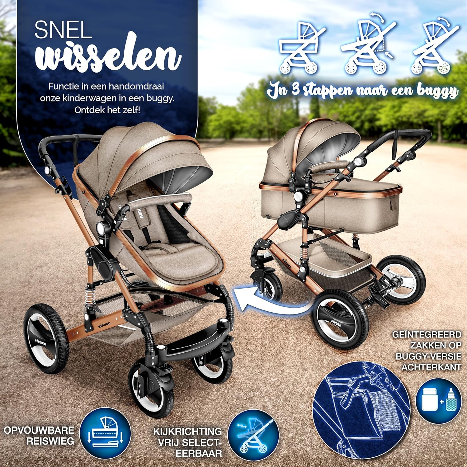 Kinderwagen 3 in 1 - Buggy - Wandelwagen - Kinderbuggy - Beige - KIDUKU®