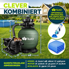 tillvex® Zandfilterinstallatie zwembad met timer, 13.200 l/h tot 40.000 l + 1200 g filterballen, filterinstallatie 7-weg ventiel en 2-in-1 adapter Ø 32-38 mm, zwembadfilter, zandfilter, zelfaanzuigend, groen