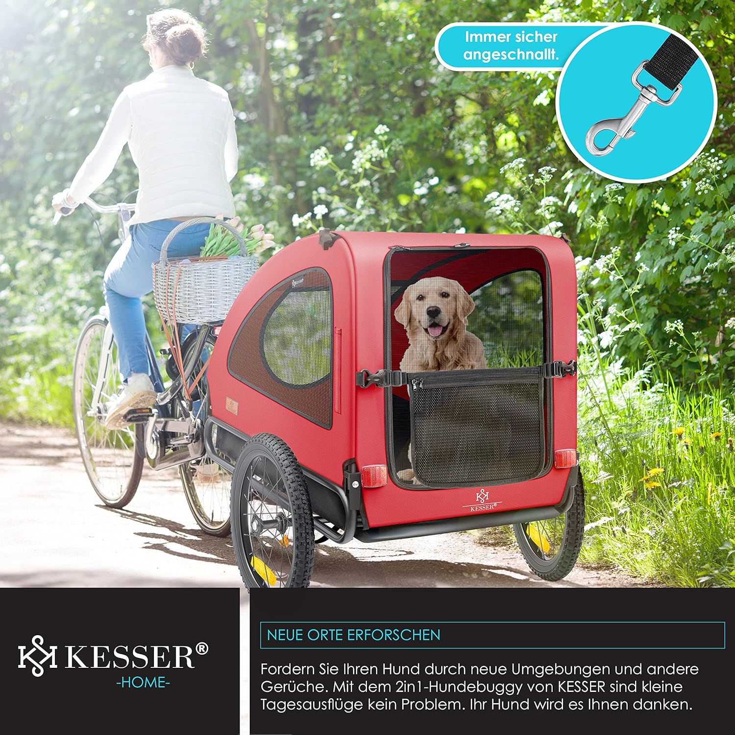KESSER® Hundeanhänger Boxer 2-in-1 Hundebuggy Fahrradanhänger groß ca. 250L Volumen - Inkl. Fahne und Tasche - 600D Oxford Canvas, Klappbar SmartSpace Concept, max. 45kg