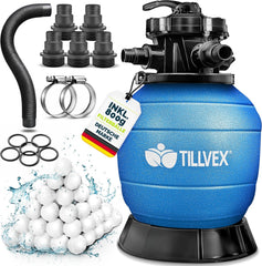 tillvex® Zandfilter zwembad zonder pomp + filterballen | filterketel zwembadfilter incl. adapter Ø 32-38 mm | zandfilterketel + 7-wegventiel, manometer en zuigslang (blauw, tot 35 m³ (35.000 liter)