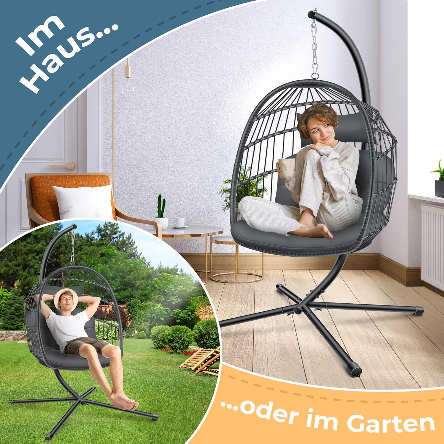 KESSER® Egg Hangstoel met Standaard - Tot 150kg - Antraciet