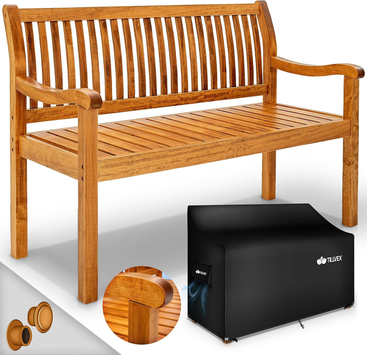 tillvex Houten tuinbank, 3-4-zits incl. afdekking, weerbestendig, 150 cm, massief houten parkbank, 320 kg belastbaar, voor balkon, terras en tuin, lichtbruin