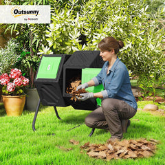 Outsunny 130L draaibare compostbak, dubbele compostbak voor in de tuin met ventilatieopeningen en stalen poten, 67x60x77 cm, zwart