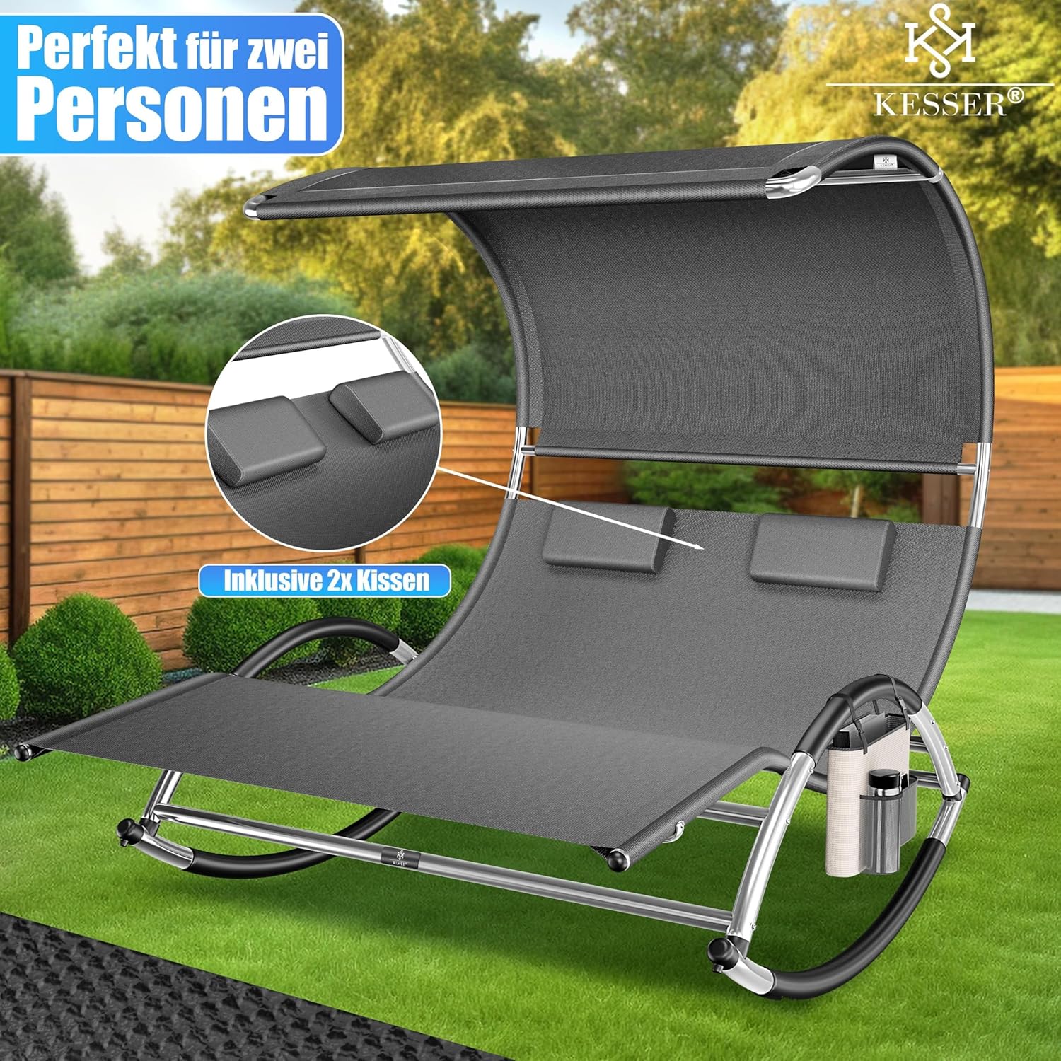 KESSER® Ligbed met zonnedak - Schommelstoel - Antraciet •