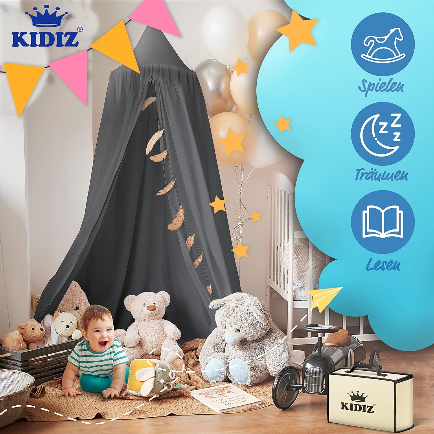 Kidiz® Klamboe kinderkamer - Bedhemel babybed  - 270cm - Antraciet •