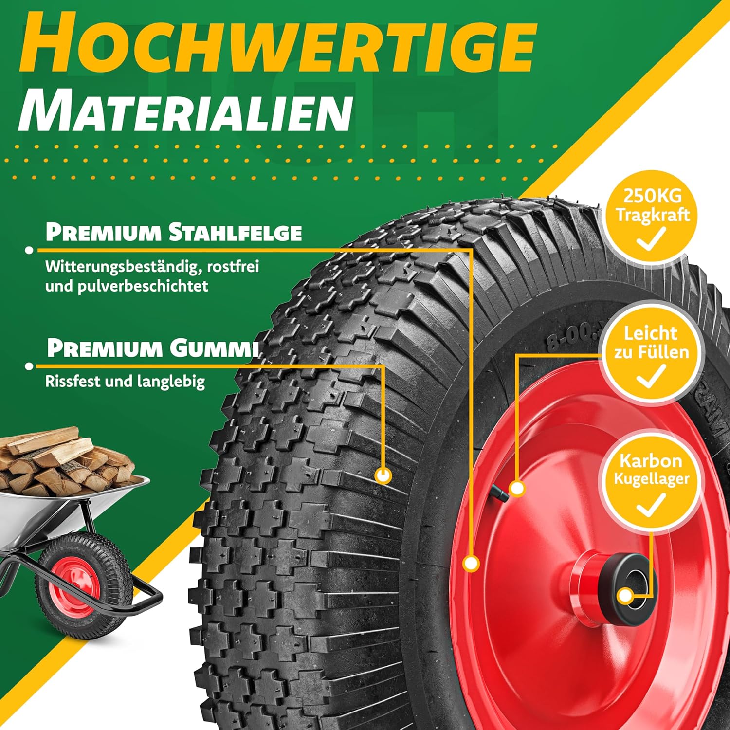 MASKO® Kruiwagenwiel - 40cm - 250kg - Lekbestendig - Rood