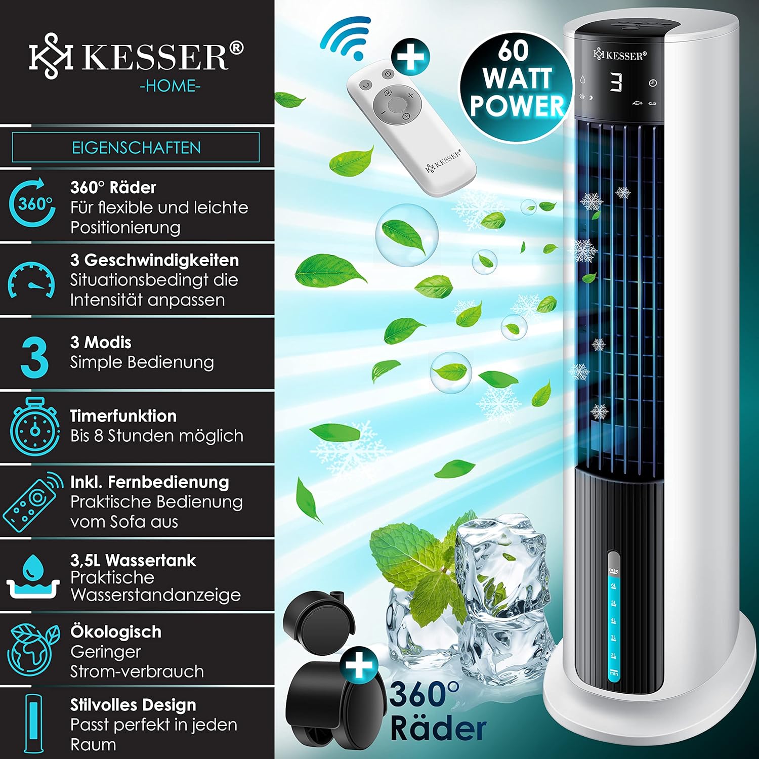 KESSER® 4in1 Mobiele airconditioning - Torenventilator - Wit