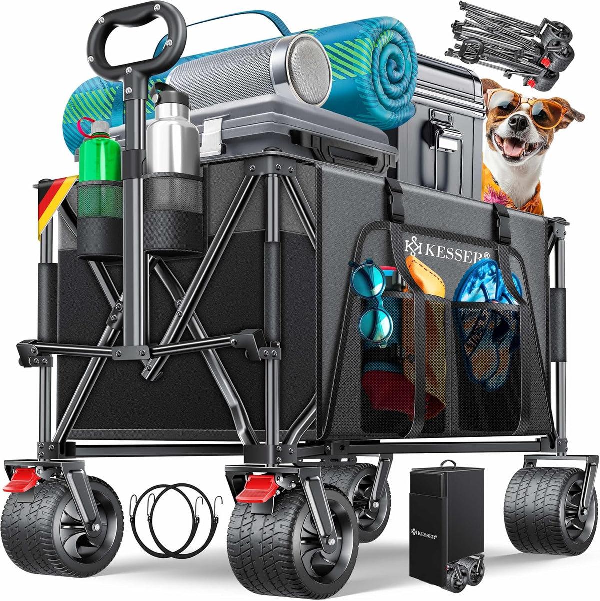 KESSER® Bolderkar, GTR9000, handwagen, 200 kg, 300 liter opbergruimte, transportwagen, opvouwbaar, extra brede 360° wielen en parkeerremmen, weerbestendig, strandwagen, incl. afdekking, zijzak en