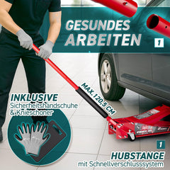 TRESKO Hydraulische krik 3T hefhoogte 75-510 mm | Hydraulische garagekrik voor auto, plat met dubbele zuiger & 360° wielen | krik auto incl. 2 x rubberen pad, beschermingsmat, handschoenen, profielmes, rood