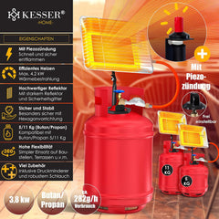 KESSER Gasheater warmtestraler gas opzetstuk straler incl. piëzo-ontsteking slang & regelaar flessenhouder gaskachel opzetverwarming aangedreven met propaan - voor 5 kg of 11 flessen, zilver