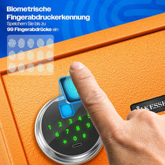 KESSER® Elektrische kluis met vingerafdruk & sleutel S | incl. noodbatterij | elektronische kluis | 3x dubbele boutvergrendeling | vloer wandkluis | meubelkluis | pantserkast cijferslot oranje