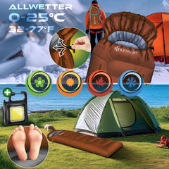 KESSER® Slaapzak voor buiten, dekenslaapzak, 3-4 seizoenen, campingslaapzak voor volwassenen en kinderen, licht, draagbaar, warm en waterafstotend, inclusief campinglamp en zijzak