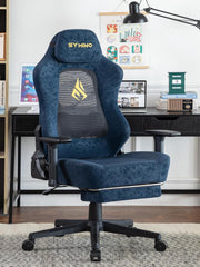 Symino Gamingstoel, computerstoel met voetensteun, verstelbare lendensteun, hoofdsteun, PU-leer, pc-stoel, ergonomische gamingstoel voor volwassenen en tieners, blauw