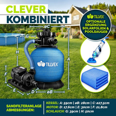 tillvex® Zandfilterinstallatie zwembad met timer 7.900L/u incl. 400g filterballen | Filterinstallatie 7-weg ventiel & 2in1 adapter Ø32mm - 38mm | zwembadfilter met drukweergave zandfilter zwembad