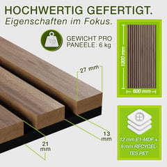 Wandpanelen - Akoestische panelen - Lattenwand - 2 stuks - 120x60 cm - Bruin - TRESKO